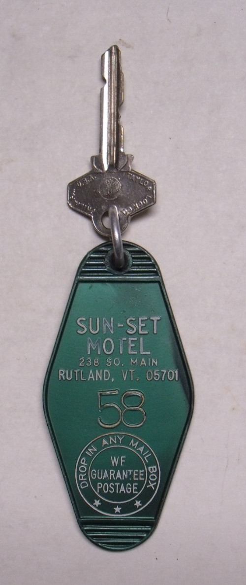 Vintage Hotel Room Key & Fob - Sun-Set Motel - Rutland, Vt.
