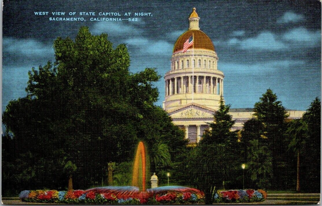 Sacramento CA California West View Of State Capitol At Night Postcard Unposted