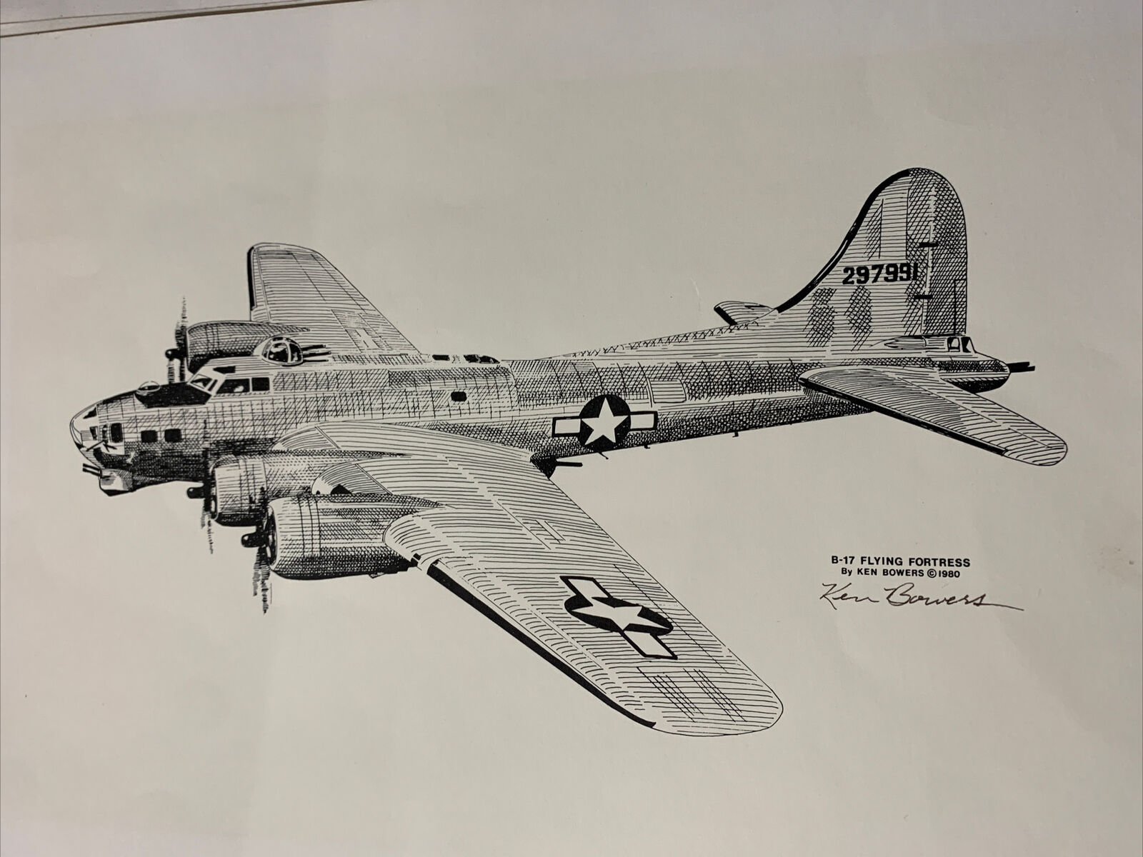 WWII US Army Air Force B-17 Flying Fortress Airplane Print By Ken Bowers 9x12