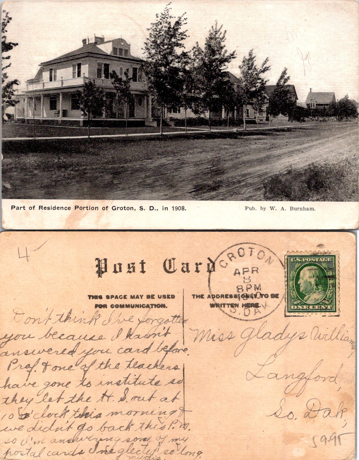 Groton SD Part of Residence Portion in 1908, W.A. Burnham Postcard 72286 Groton SD Part of Residence Portion in 1908, W.A. Burnham Postcard 72286