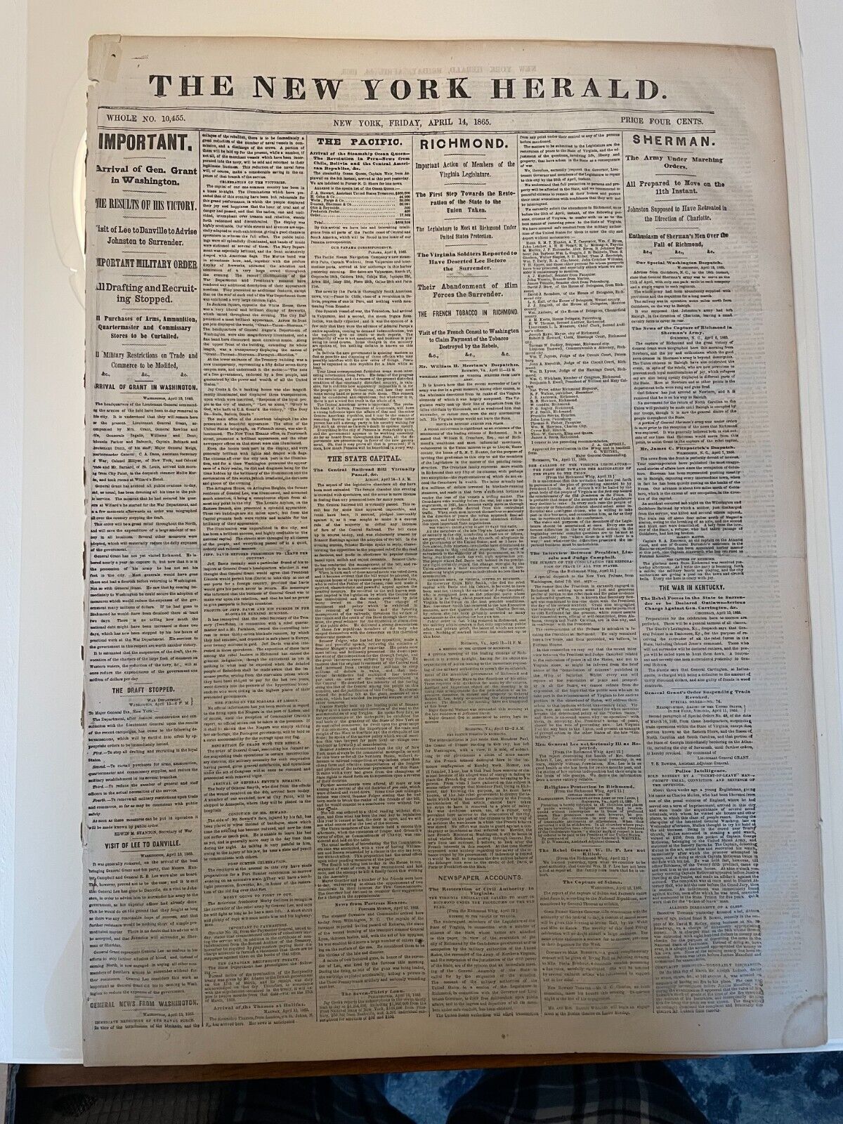 Abraham Lincoln ASSASSINATION Fri April 14, 1865 New York Herald ORIGINAL PAPER