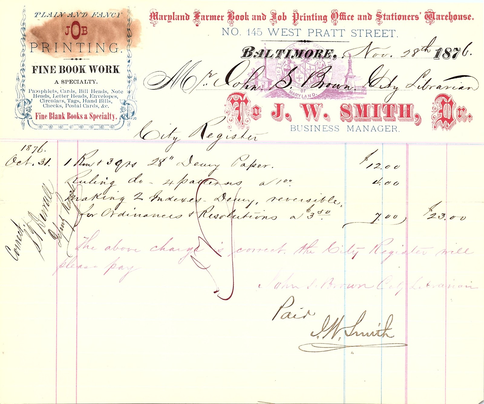1876 Baltimore MD Printing Billhead to City Librarian