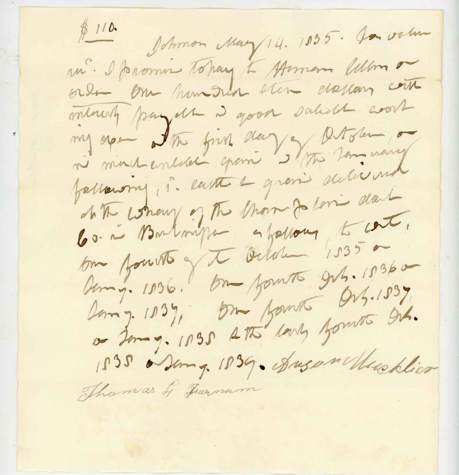 1835 Promissory Note Johnson Highgate VT Amon Mucklier Signed Thomas G. Farnam 1835 Promissory Note Johnson Highgate VT Amon Mucklier Signed Thomas G. Farnam