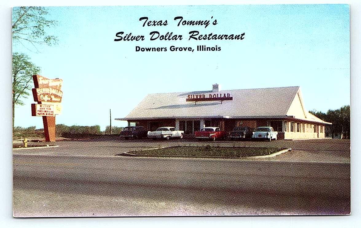 DOWNERS GROVE, IL ~ Texas Tommy's SILVER DOLLAR c1950s Roadside Postcard