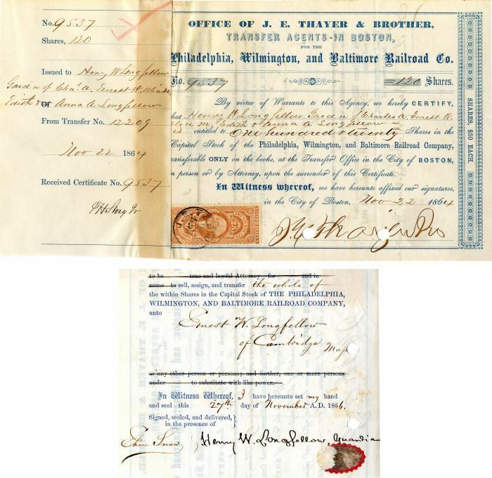 Philadelphia, Wilmington, and Baltimore Railroad Co. signed by Henry W. Longfell