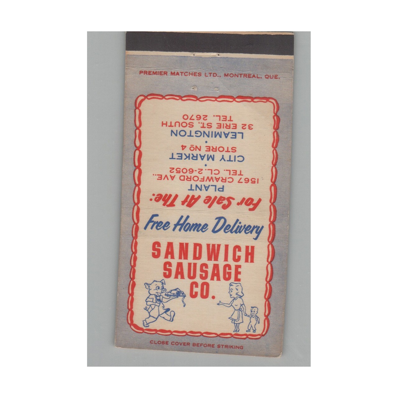 Matchbook Cover Sandwich Sausage Co. Lemington, ON Matchbook Cover Sandwich Sausage Co. Lemington, ON