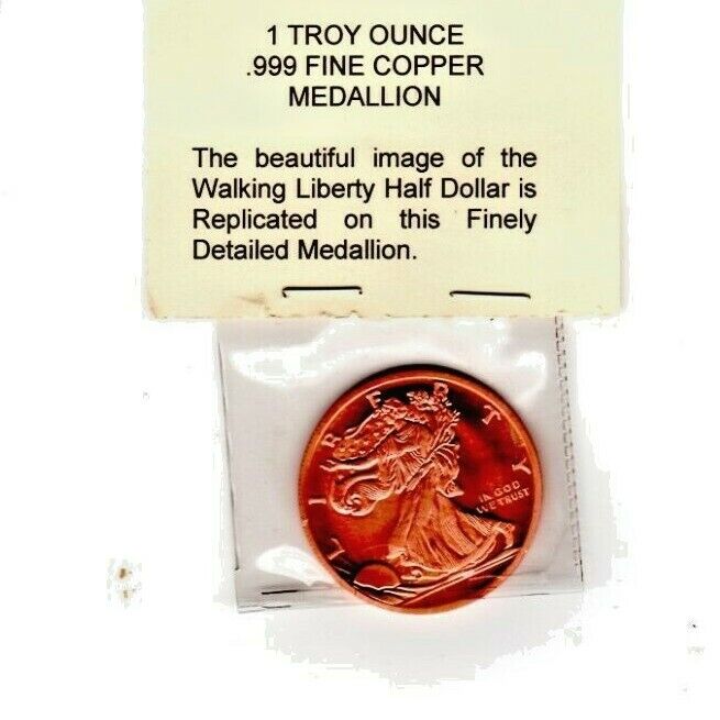 1 Troy Oz .999 Fine Copper Round Walking Liberty Half Dollar Medallion