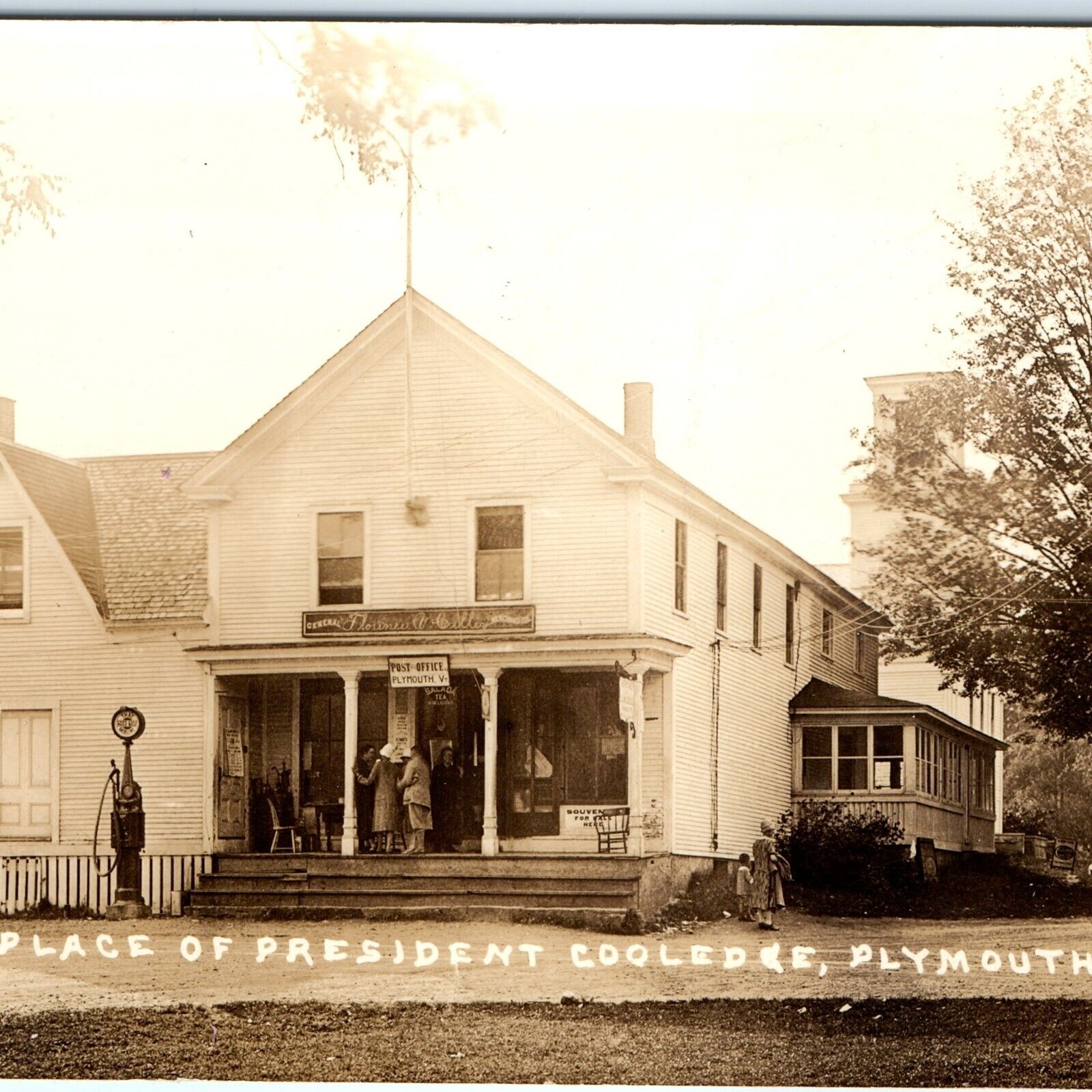 c1920s Plymouth, VT RPPC Post Office Cilley Store Real Photo Gulf Gas PC A96