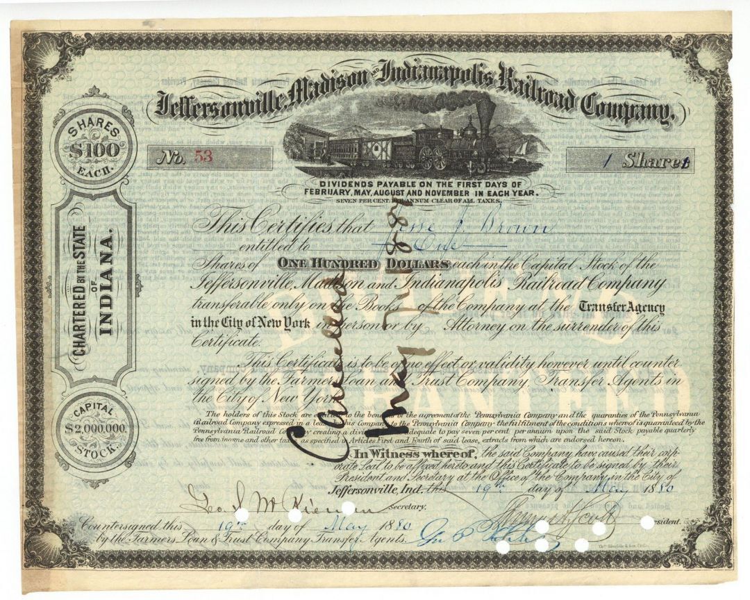 Jeffersonville, Madison and Indianapolis Railroad Co. signed by Thomas A. Scott 