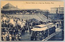 RAILROAD STATION, BROCKTON MASS, TROLLEY,  1908 POSTCARD picture