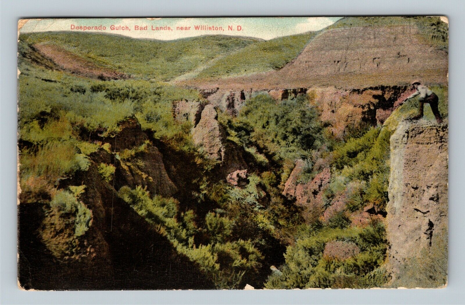 Williston ND, Man, Bad Lands Desperado Gulch Vintage North Dakota c1912 Postcard