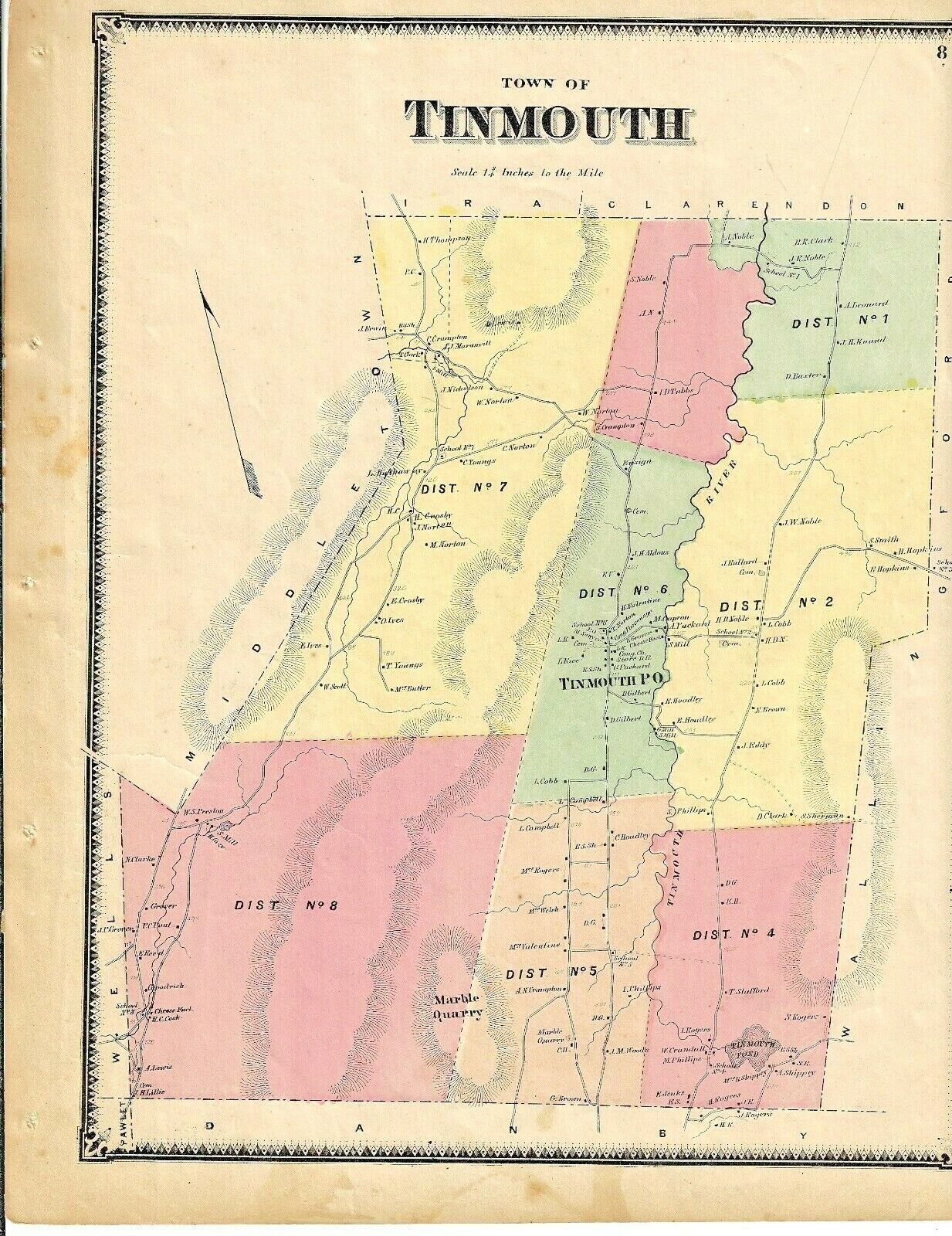 TINMOUTH, VT., VINTAGE HAND COLORED 1869 MAP.  NOT A REPRINT