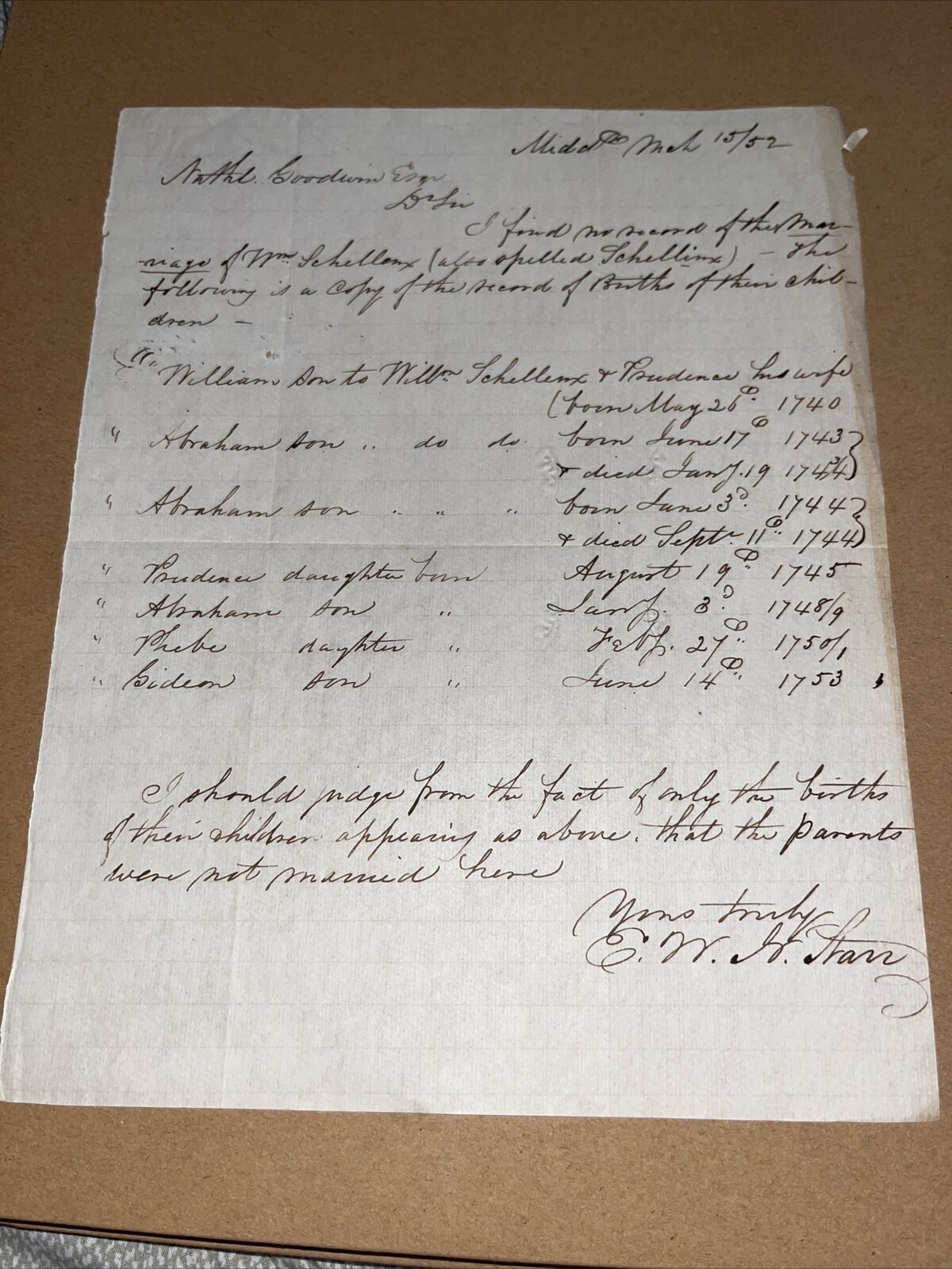 1852 Middletown CT Genealogy Letter to Hartford Lawyer: Schellinx Schellenx