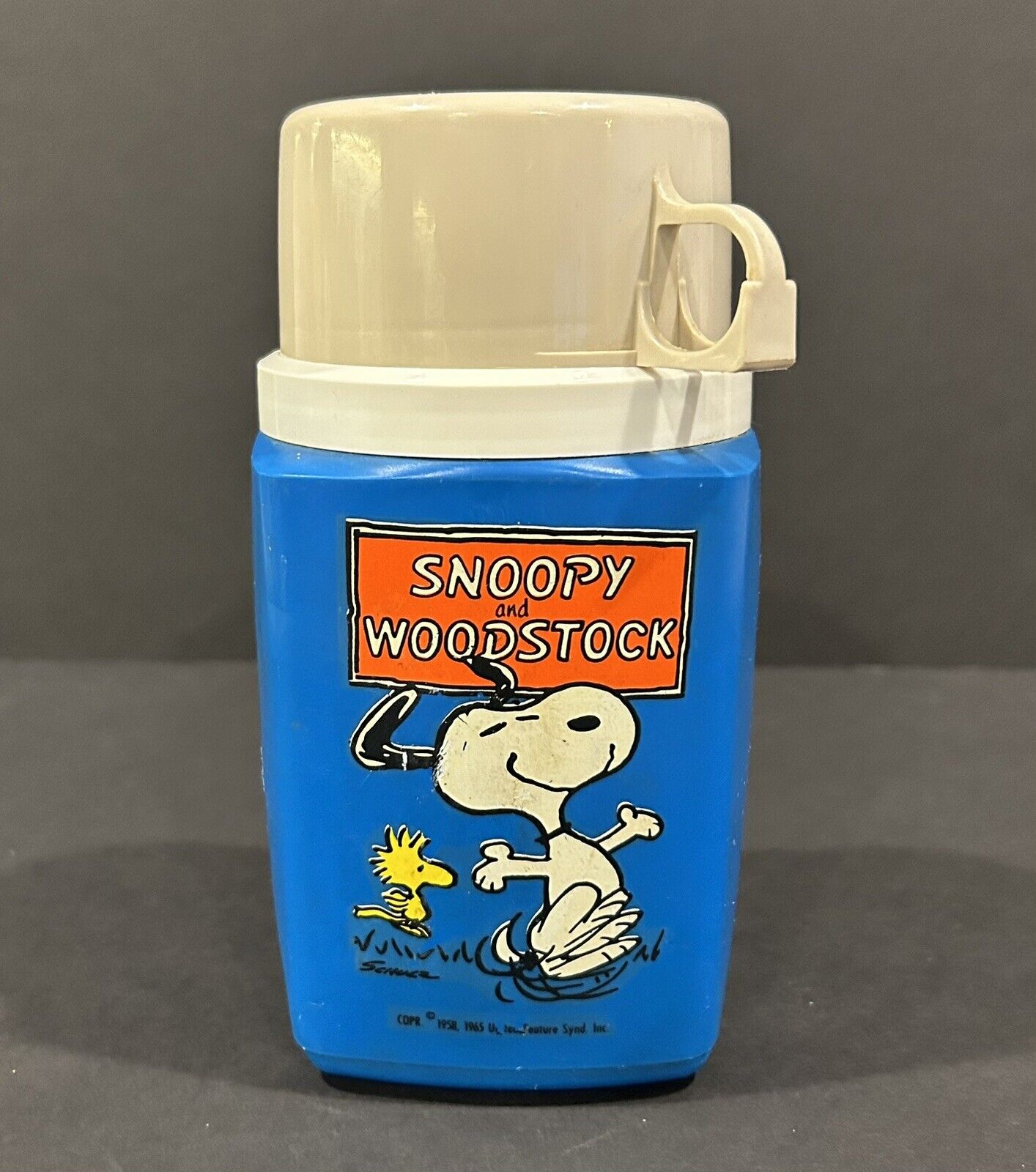 VINTAGE Snoopy And Woodstock Blue Thermos 1965 PEANUTS Charlie Brown