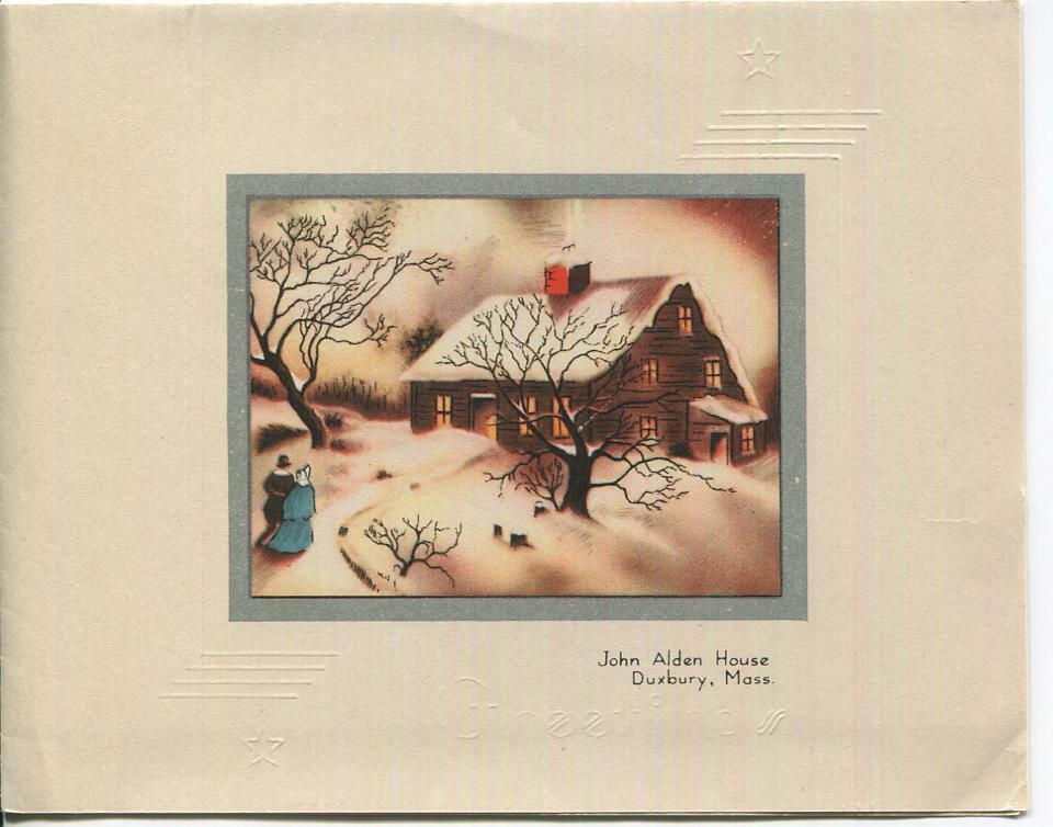 VINTAGE CHRISTMAS JOHN ALDEN HOUSE DUXBURY MASSACHUSETTS WINTER GREETING CARD
