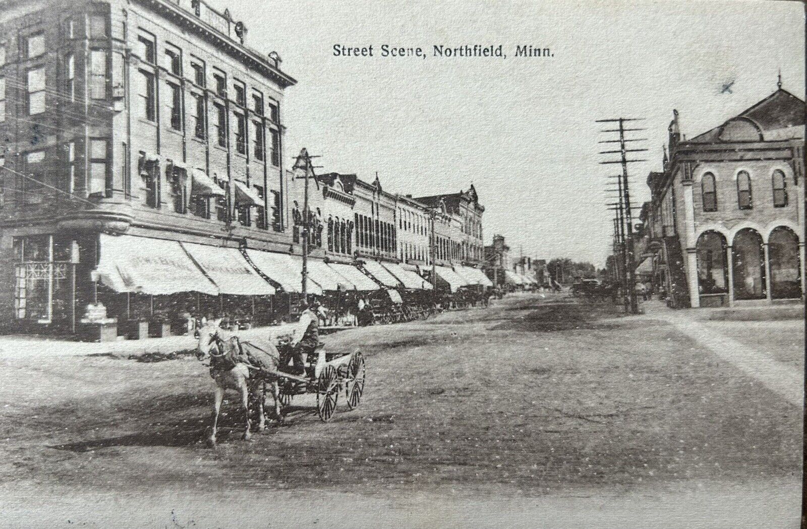 1913 Northfield MN Street Scene Antique Vintage Postcard Minnesota Horse + Buggy