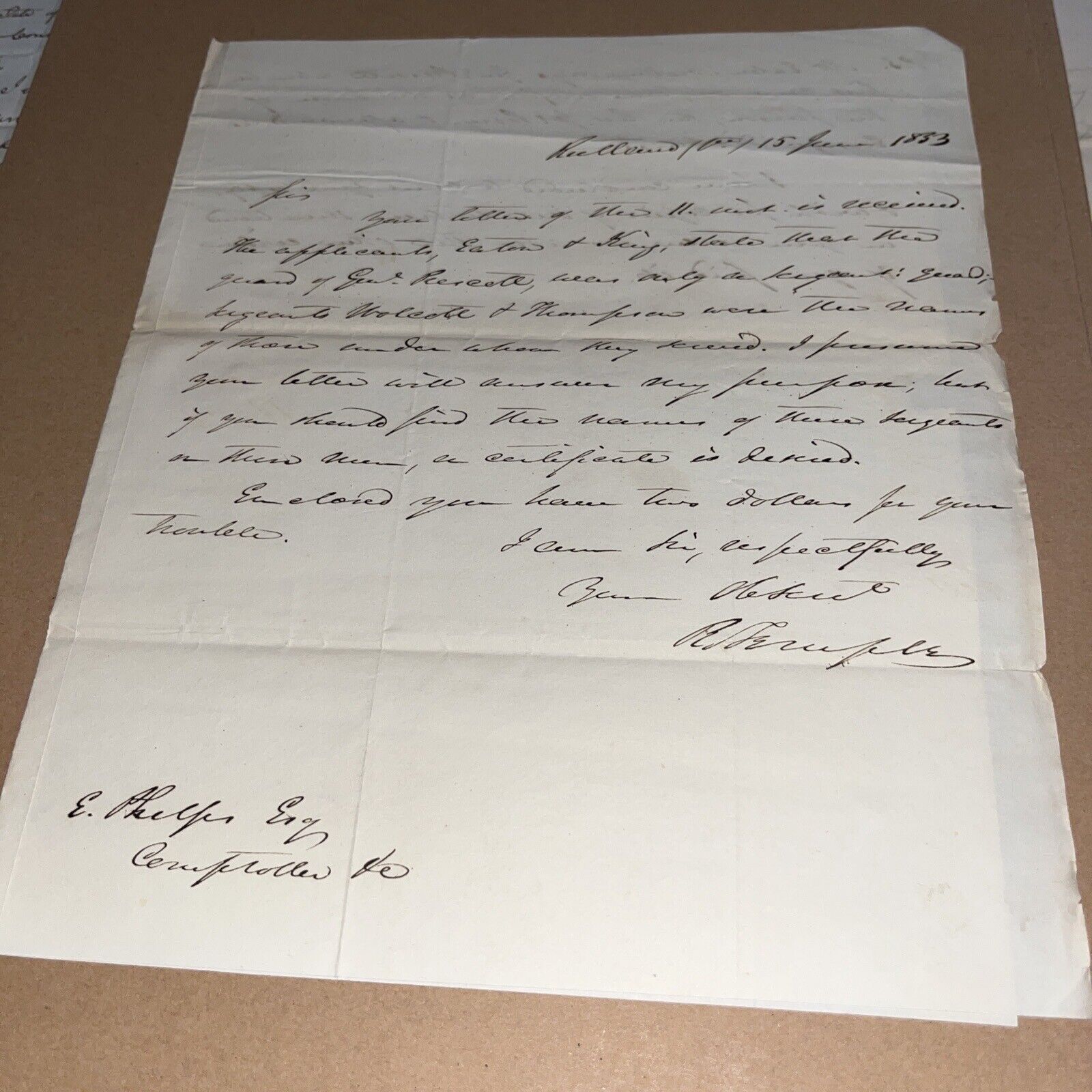 1833 Letter to Elisha Phelps Connecticut Comptroller Mentions Wolcott Thompson