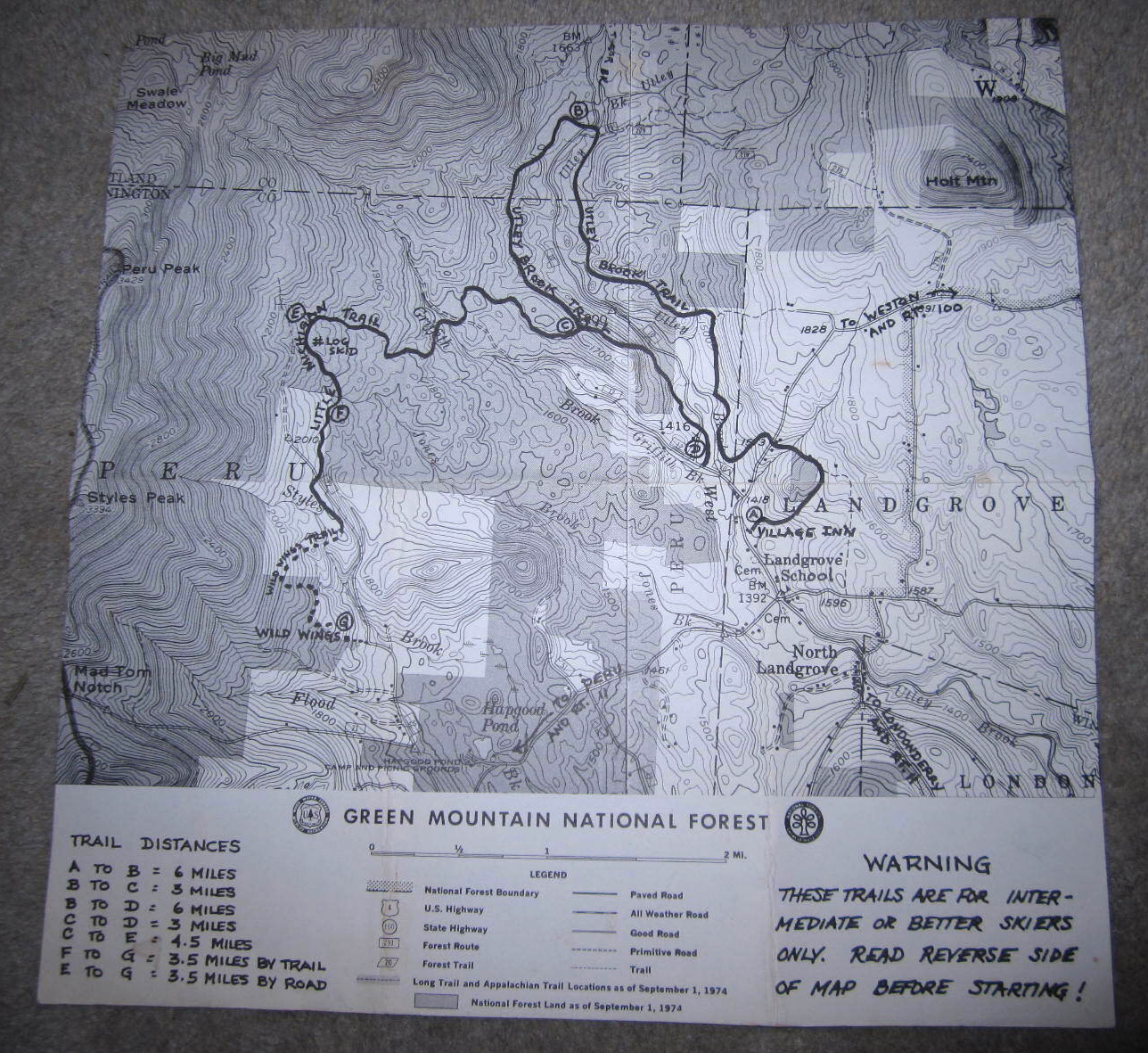 Vtg Green Mountain National Forest VT ski trail map, 1974 Village Inn Landgrove