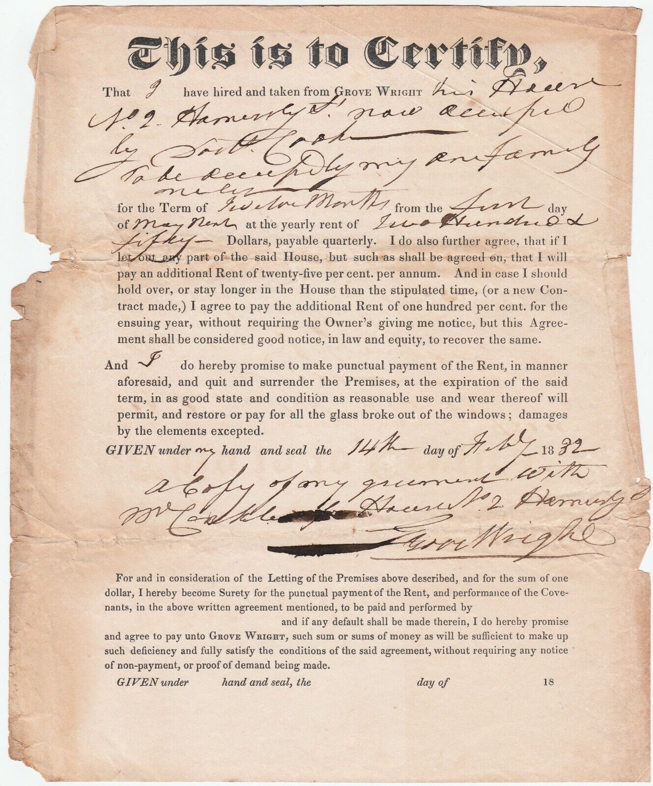 RARE Document Signed - by Famous Shaker - Grove Wright - 1832 Hancock Mass. ma