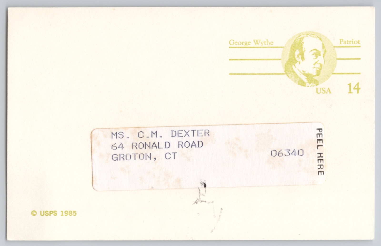Groton, CT, George Wythe indicia, USA 14 stamp design, Chrome mailer 1985 Groton, CT, George Wythe indicia, USA 14 stamp design, Chrome mailer 1985
