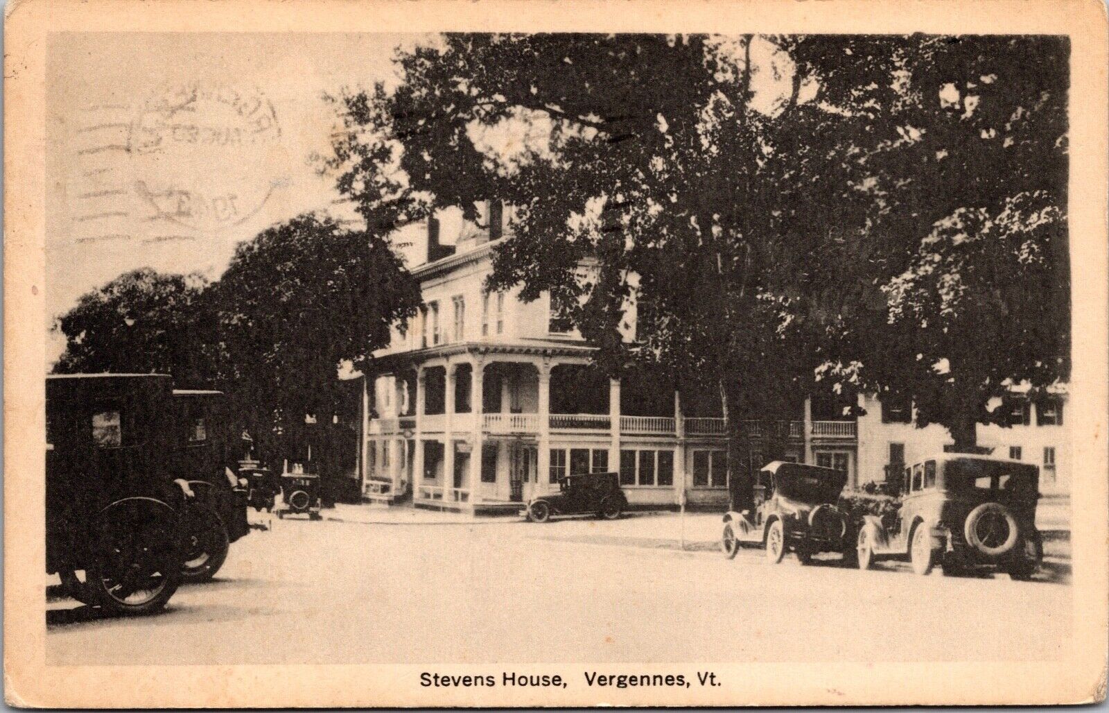 Postcard Stevens House, Early Automobiles, Street Scene in Vergennes, Vermont