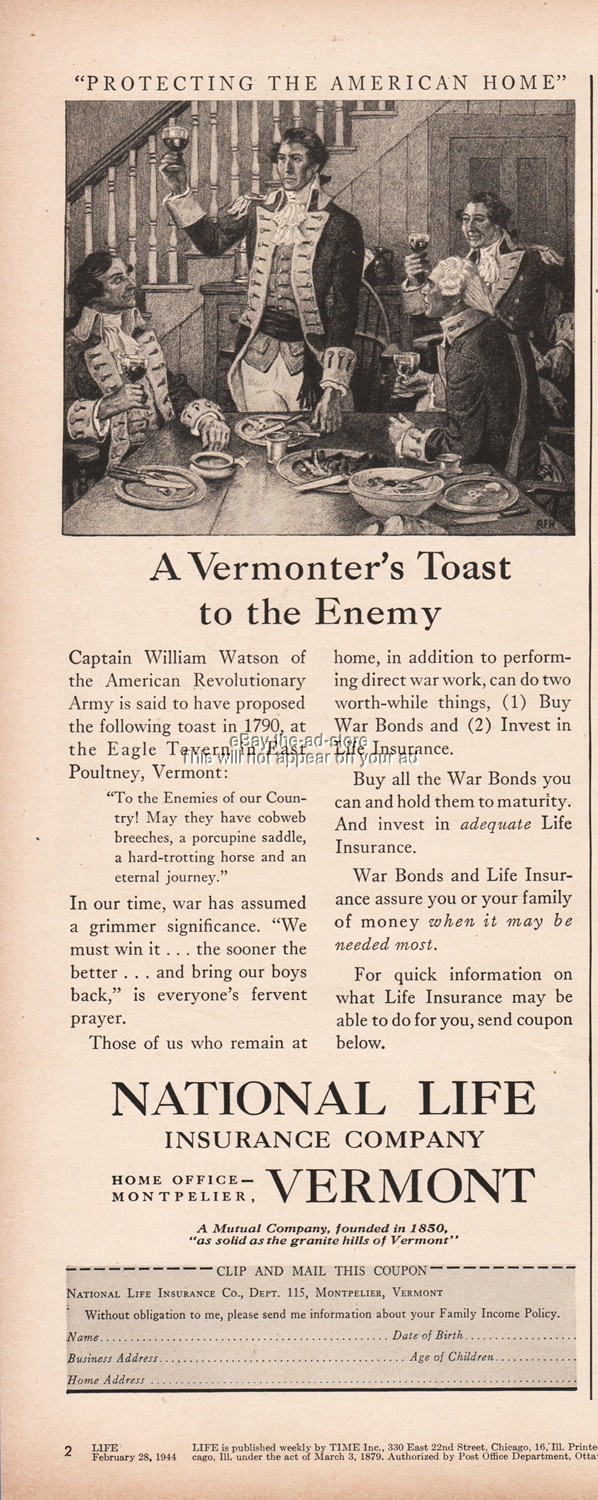 1944 National Life Insurance Montpelier VT Captain William Watson Poultney Ad