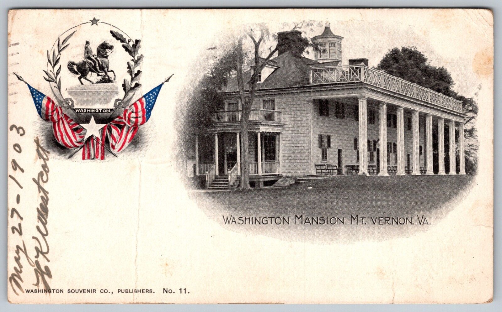 Mt Vernon Virginia Washington Mansion Inset Horseback Vintage Postcard 1903 Undi