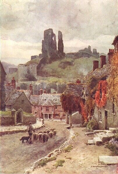 Corfe Castle. Dorset. By Ernest Haslehust 1920 old antique print picture