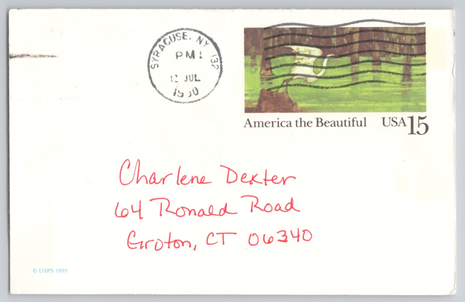 Syracuse, NY, America the Beautiful USA 15 stamp to Groton CT Chrome 1990