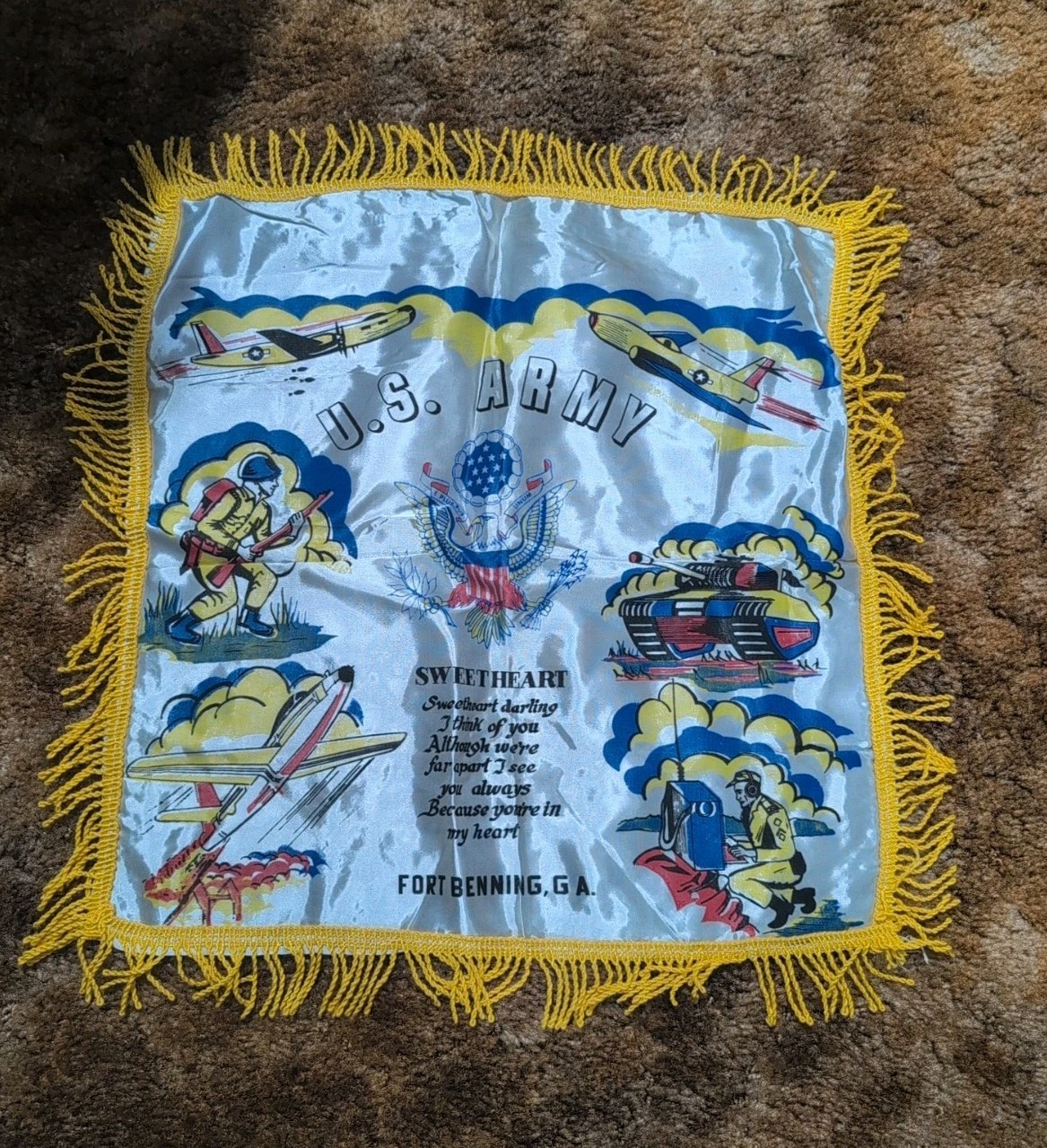 Vintage Original U.S. Army Fort Benning Georgia Sweetheart Pillow Cover Exc Cond