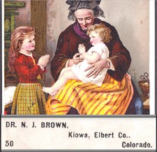 Kiowa Colorado Dr. N.J. Brown Elbert County Dr Jaynes Medicine Bottle Trade Card picture