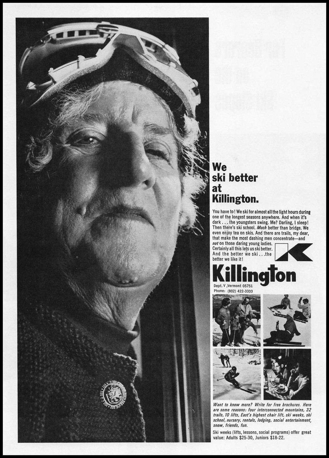 1965 Killington Snow Ski Resort Area Vermont Photo Older Woman Skier Print Ad 1965 Killington Snow Ski Resort Area Vermont Photo Older Woman Skier Print Ad
