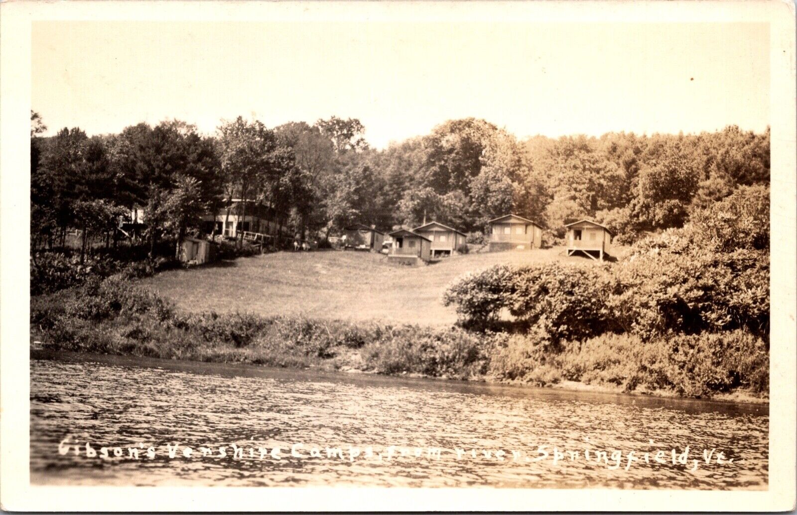 Real Photo Postcard Gibson's Vershire Camp from River in Springfield Vermont~602