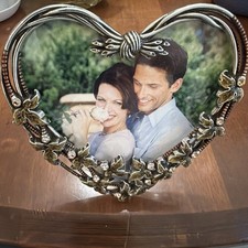 BRIGHTON Silver Tone Enameled Leaves Rhinestone Heart Shape Shaped Picture Frame picture