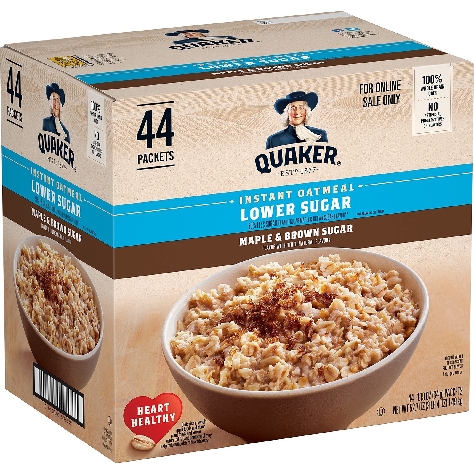 Quaker Instant Oatmeal Lower Sugar, Maple & Brown 1.19 Ounce (Pack of 44) Quaker Instant Oatmeal Lower Sugar, Maple & Brown 1.19 Ounce (Pack of 44)