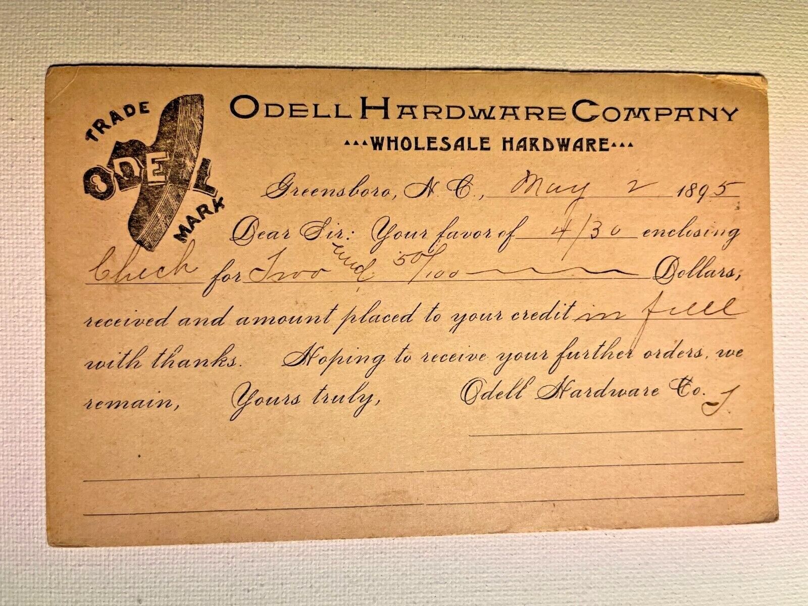 1895 Odell Hardware Company Greensboro NC Advertising Card