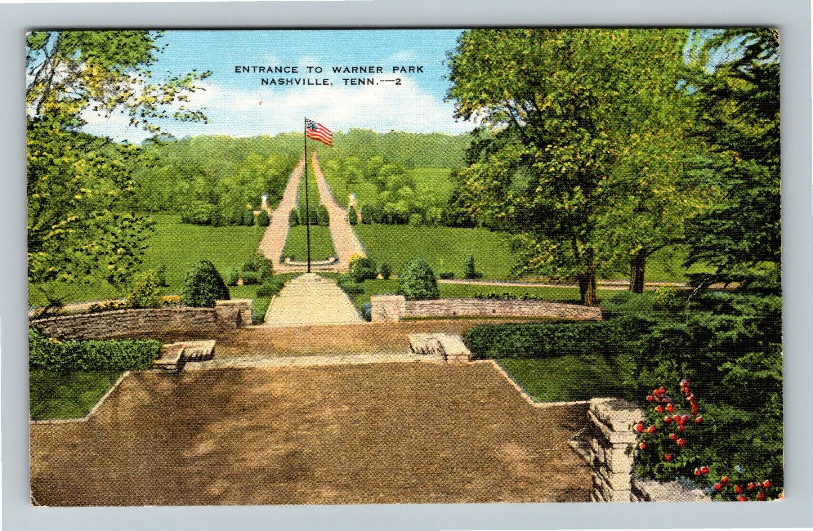 Nashville TN-Tennessee Scenic View Warner Park Walkway Flag Vintage Postcard