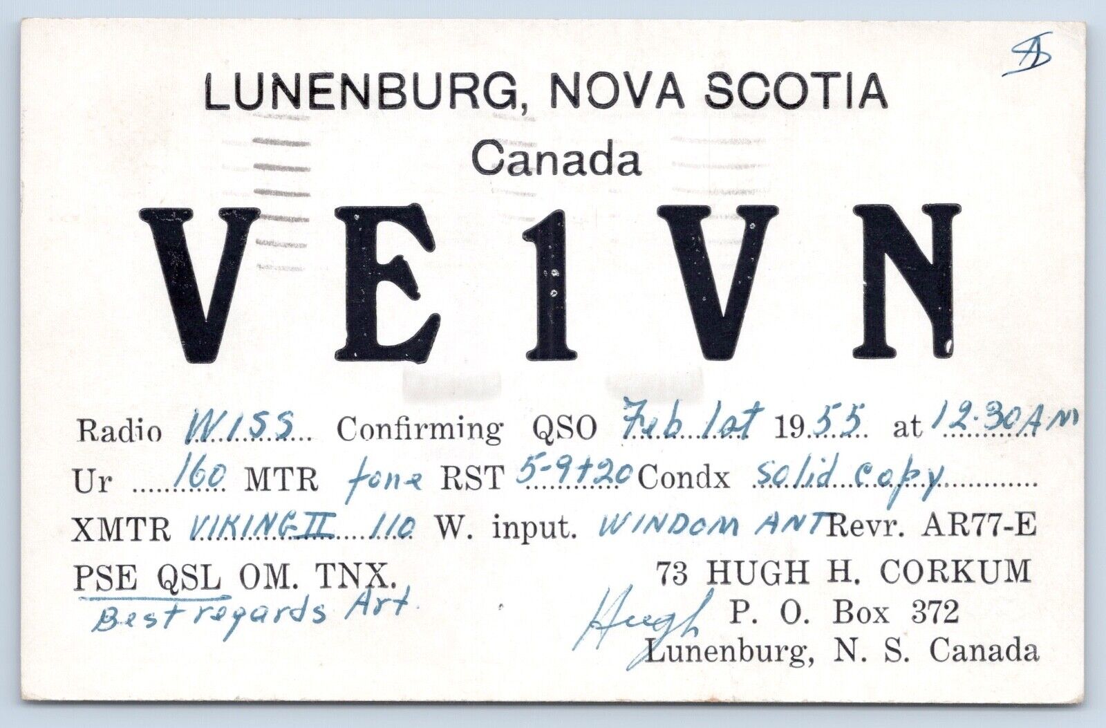 1955 VE1VN Lunenburg Nova Scotia Canada QSL Ham Radio Card
