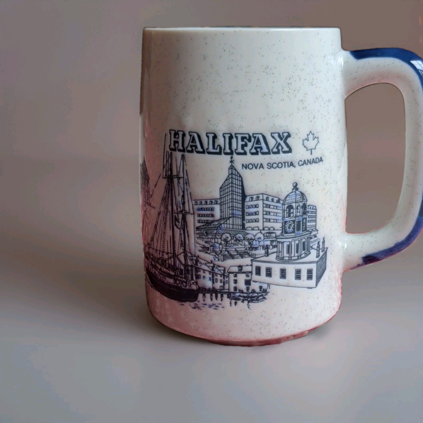 Halifax Nova Scotia Canada 8oz Stoneware Coffee Cup Mug White with Blue Handle Halifax Nova Scotia Canada 8oz Stoneware Coffee Cup Mug White with Blue Handle