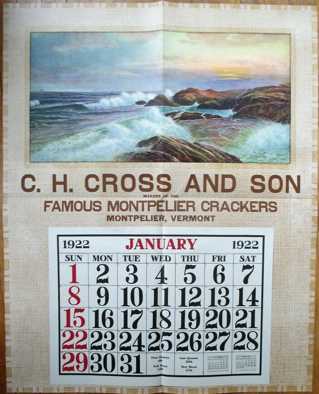 Montpelier, VT 1922 Advertising Calendar/GIANT 29x36 Poster: Crackers - Vermont