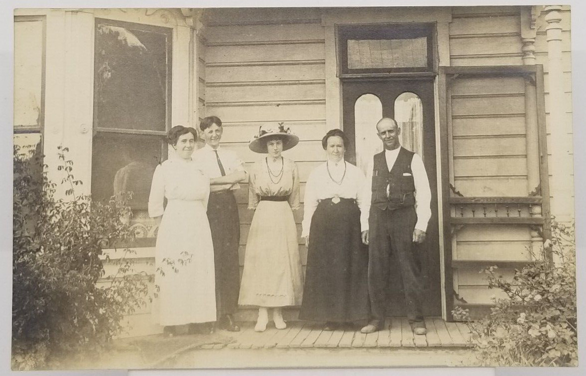 Family of Five on House Porch Nice Hat Real Photo Postcard RPPC Family of Five on House Porch Nice Hat Real Photo Postcard RPPC