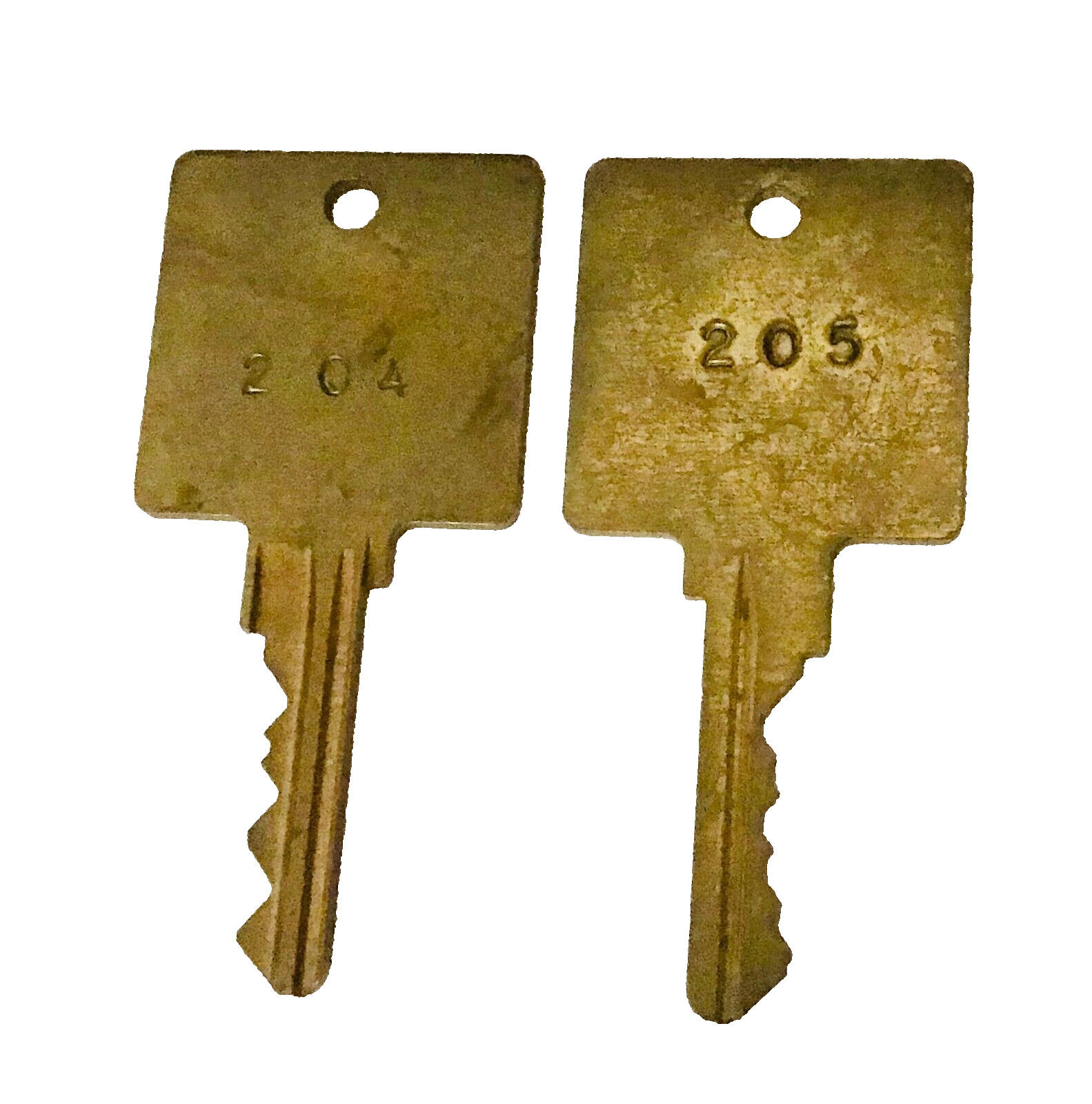 2 Vintage Brass Hotel Keys #204 & #205 Pair No Name No Location Square Heads USA