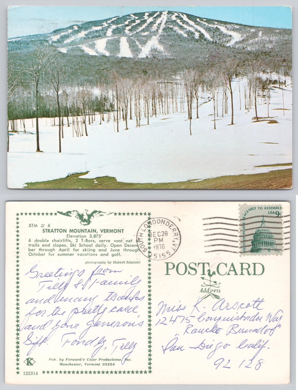 Stratton Mountain Vermont VT Ski Resort 1976 Postcard South Londonderry Postmark Stratton Mountain Vermont VT Ski Resort 1976 Postcard South Londonderry Postmark