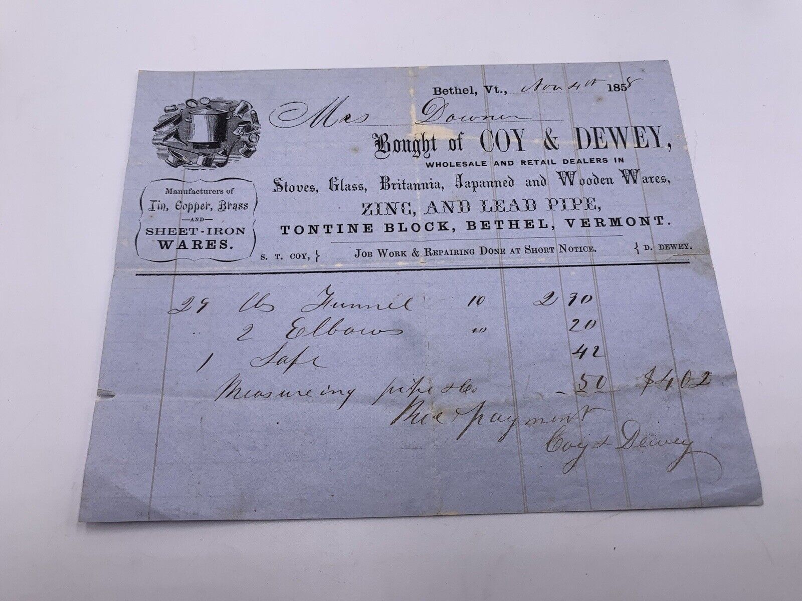 1858 Bethel Vermont Coy & Dewey Zinc Lead Pipe Invoice