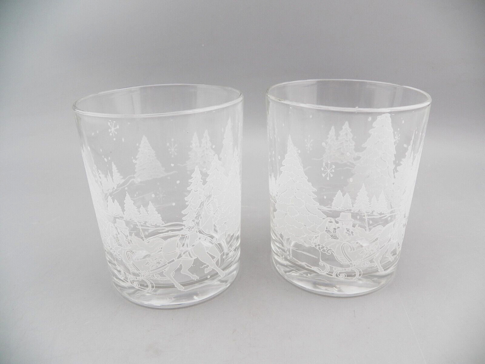 2 Frosted Christmas Pine Trees & Horse Drawn Sleigh Rocks Bar Glasses 12 oz EUC