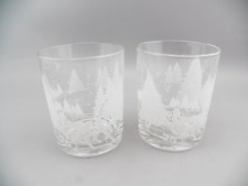 2 Frosted Christmas Pine Trees & Horse Drawn Sleigh Rocks Bar Glasses 12 oz EUC picture