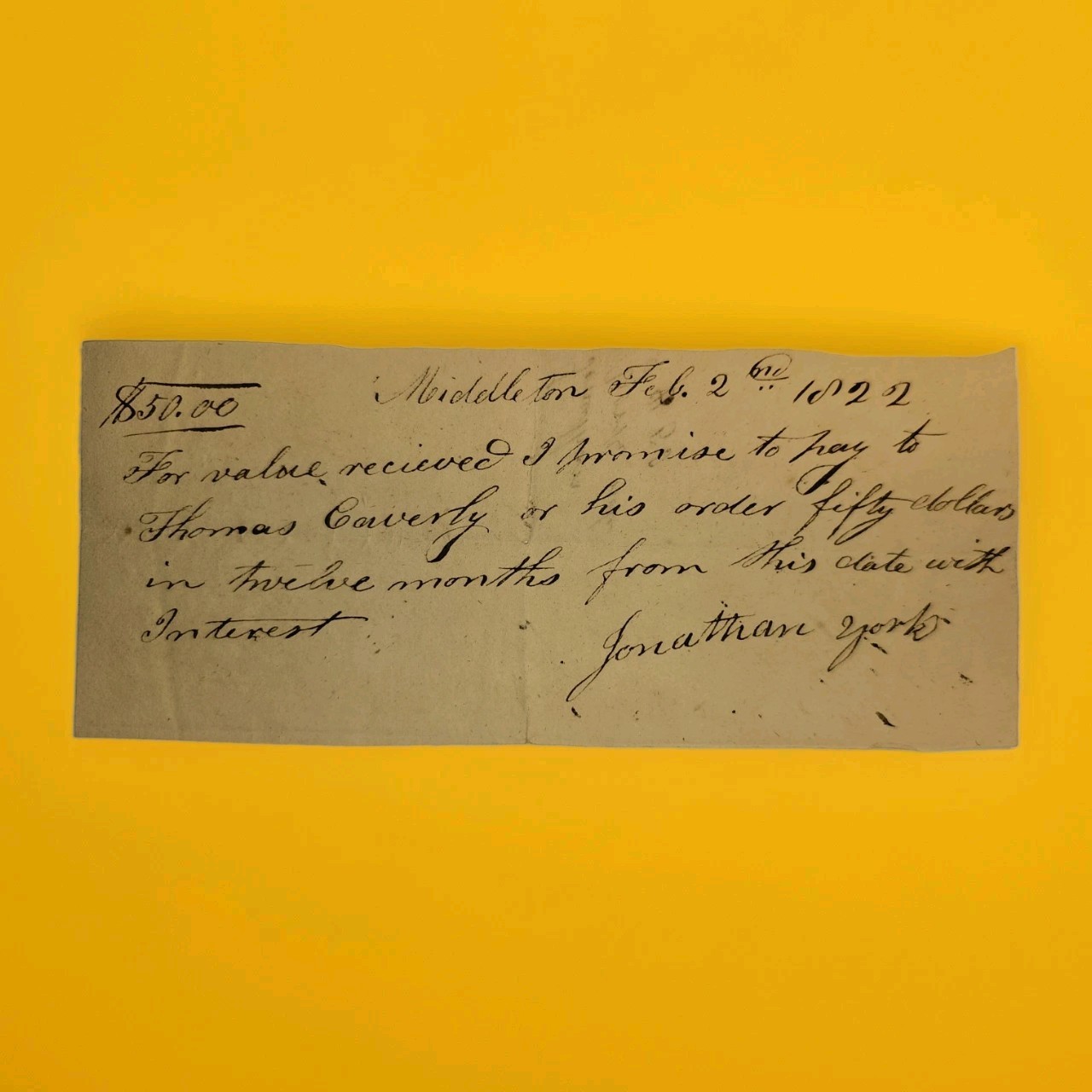 1822 Middleton NH $50 Promissory Note Jonathan York to Thomas Caverly Strafford