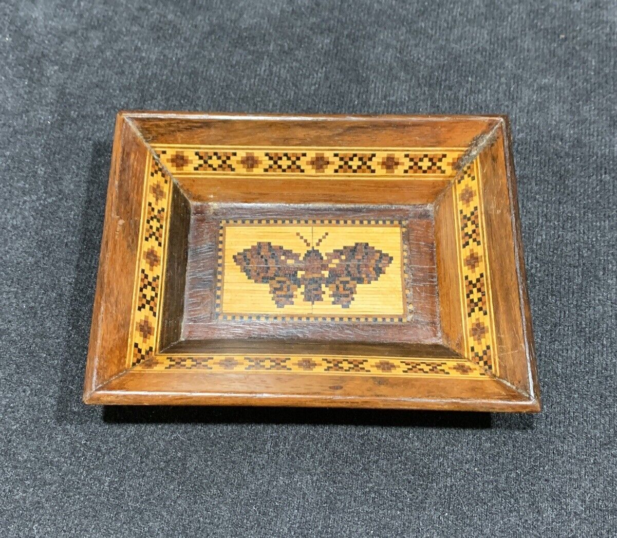 Antique Victorian Rare Tunbridge Ware Card Tray Micro Mosaic Moth/Butterfly 4.25