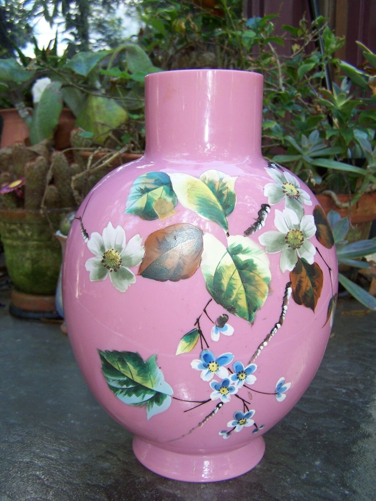 Harrach Enameled Opaline Glass Vase Chinoiserie Bohemian Pink Art Nouveau Victor