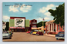 Linen Postcard DeLand FL Florida Indiana Ave. Athens Theater & Post Office Cars picture